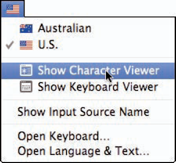 The Input menu enables you to change input sources and open other tools, such as the Character Viewer.