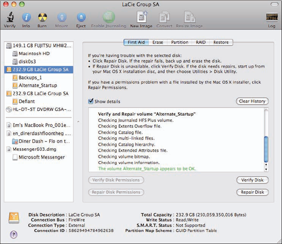 Disk Utility has checked this disk, which seems to be okay.