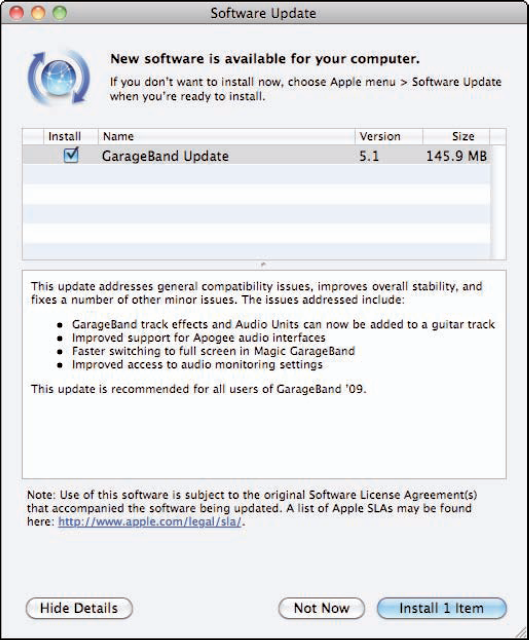 Software Update has found an update to GarageBand.