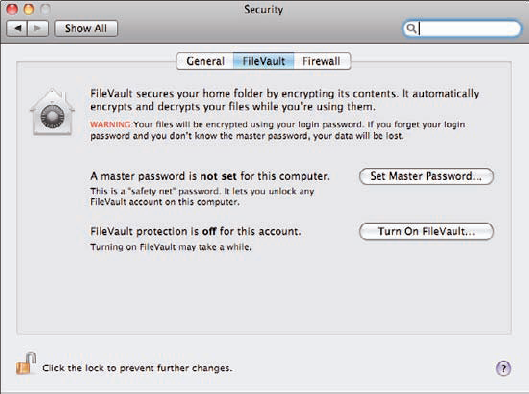 FileVault encrypts the data in your Home folder to prevent unauthorized access to it.