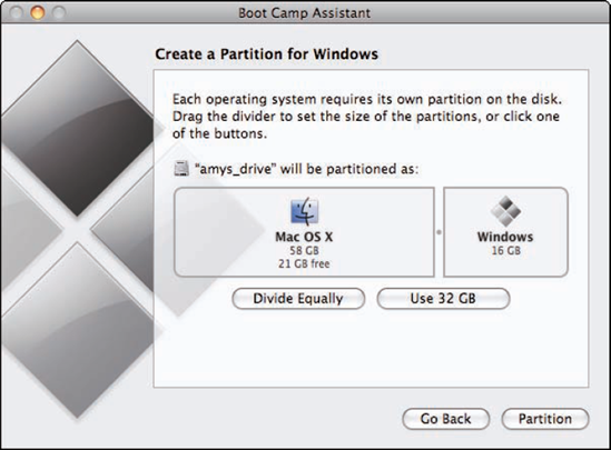 Use the Create a Partition for Window screen to set the size of your Windows environment.