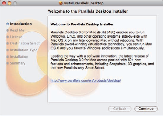 The Parallels Desktop for Mac Installer leads you through each step of installing the application.