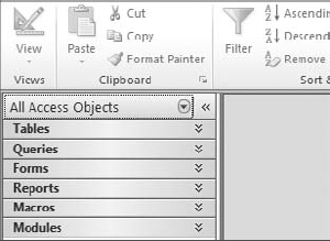 The navigation pane on the left allows you to navigate through the six types of database objects: Tables, Queries, Forms, Reports, Macros, and Modules.