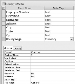 You can find the Field Properties in Design view beneath the field names.