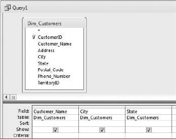 The lower half, or query grid, shows the output fields of the select query.