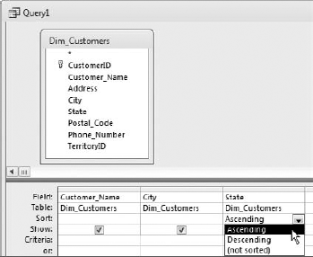 The sort order options for a column are provided by the Query Design view.