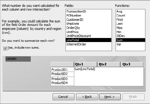 Select LineTotal and Sum, and then click the Next button.