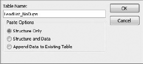 Activate the Paste Table As dialog box to copy your table's structure into a new table called "LeadList_NoDups."