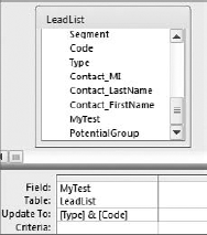 This query concatenates the row values of the Type field and the Code field.