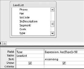 This query returns a dataset whose values begin with lowercase letters.