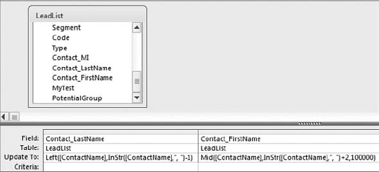 This query updates the Contact_LastName and Contact_FirstName fields.