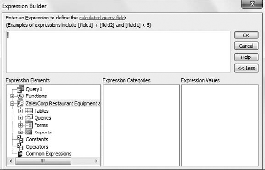 The Expression Builder displays all the database objects you can use in your expression.