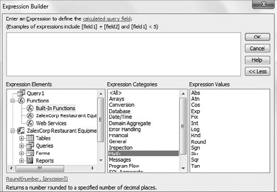 Similar to the Insert Function wizard in Excel, the Expression Builder displays all the functions available to you.