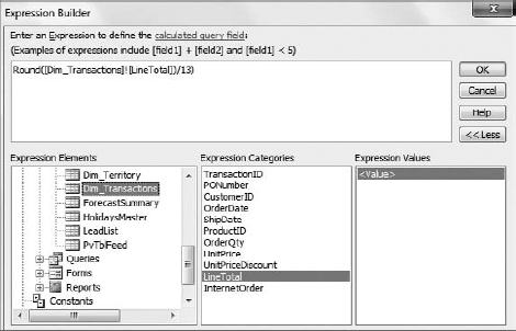 The function here rounds the results of the calculation, ([TransactionMaster]![ Line _ Total])/13.