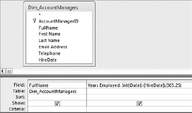 Running this query returns the number of years each employee has been with the company.