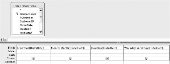 The Year, Month, Day, and Weekday functions enable you parse out a part of a date.