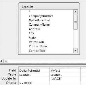 This query will update the MyTest field to tag all customers that have a revenue potential at or above 10,000 dollars with the word "LARGE."