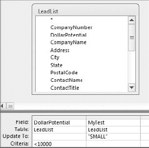 This query updates the MyTest field to tag all customers that have a revenue potential less than 10,000 dollars with the word "SMALL."