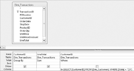 To use a subquery in Query Design view, simply enter the SQL statement.