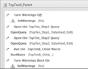 The two SetWarnings macro actions will not run in an un-trusted database.