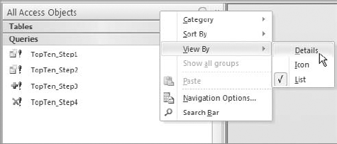 Change the view of your navigation pane to show details.