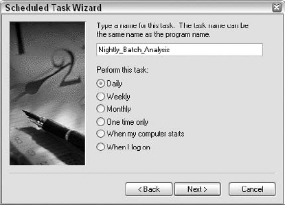 Specify when you want the task to be performed, and then click the Next button.