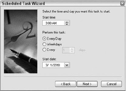 Indicate the time and interval you want the task to be performed, and then click Next.