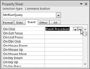 Set the On Click event to run an [Event Procedure], and then click the ellipsis button.