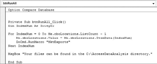 This procedure enumerates through a combo box, running a macro for each entry.