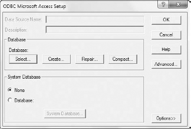 The ODBC Microsoft Access Setup dialog box