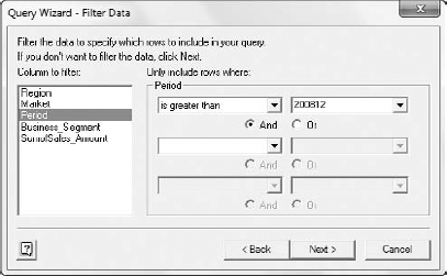 Set a filter telling MS Query to return only those records where the Period is greater than 200812.