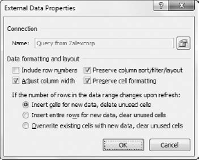 The External Data Properties dialog box.