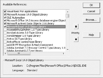 Select the Excel Object Library and click the OK button.