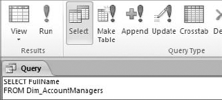 A basic SELECT statement in SQL view.