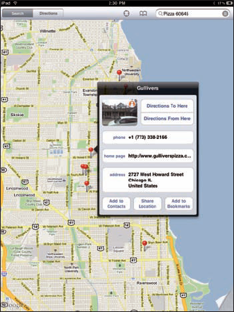 The Info screen for Gullivers Pizzeria appears as an overlay when you tap the little i in a blue circle on the right side of Gullivers' name (shown in Figure 6-2).