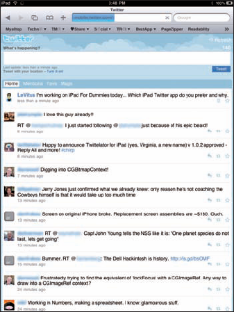 Bob's Twitter stream as seen in Safari on the iPad.