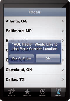 The AOL Radio app wants to know where you are.