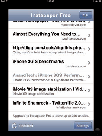 Instapaper displaying some Web pages we saved for our future reading pleasure.