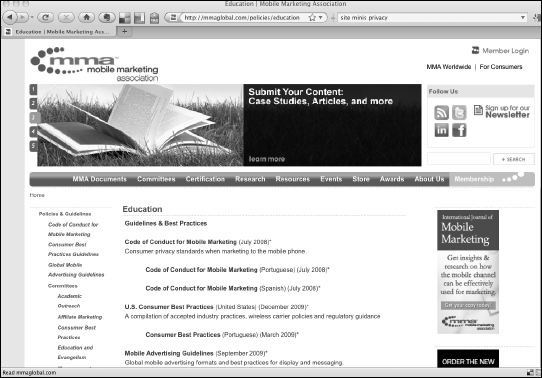 The Mobile Marketing Association advertises policy updates to members.