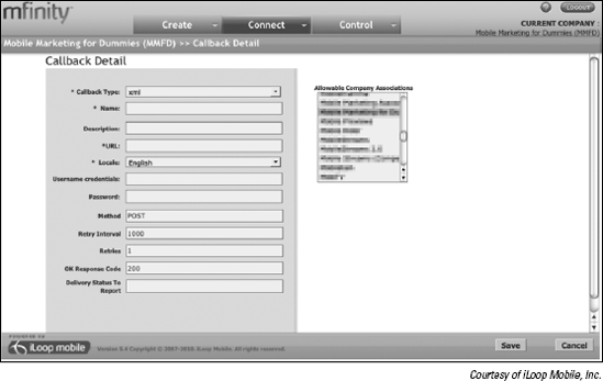 The real-time data transfer configuration screen in the iLoop Mobile mfinity platform.