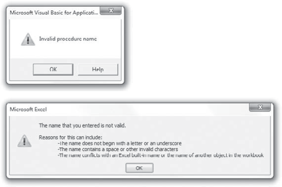 The dialog boxes supplied by Word and Excel showing invalid macro names.