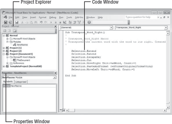 The Visual Basic Editor with the Transpose_Word_Right macro open in the Code window