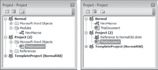 Folder view (left) displays the objects separated into folders beneath the projects that contain them. Contents view (right) displays only the objects and the projects that contain them.