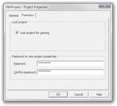 The Protection page of the Project Properties dialog box lets you lock your project with a password so that nobody can view or edit it.