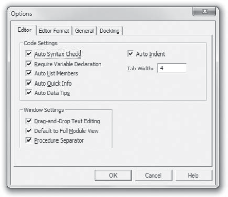 The Editor page of the Options dialog box.