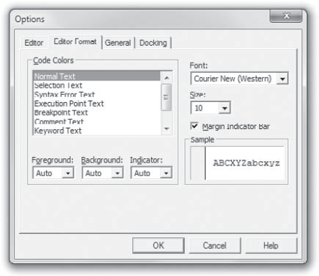 The Editor Format page of the Options dialog box.