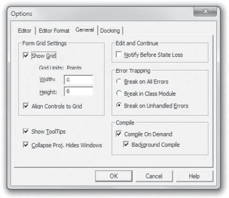 The General page of the Options dialog box.