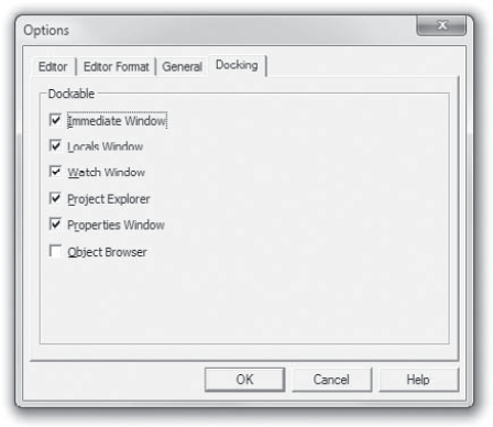 The Docking page of the Options dialog box.