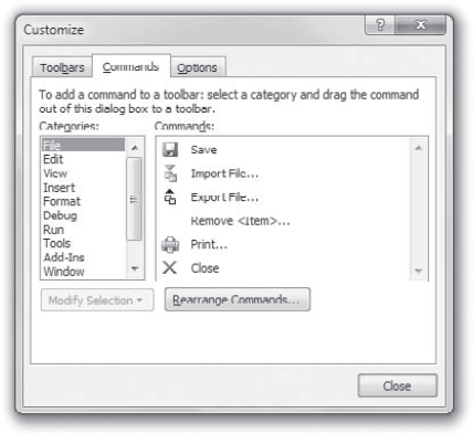 Use the Customize dialog box to customize the Visual Basic Editor's menus, toolbars, and context menus.