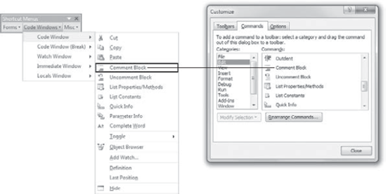 Use the Shortcut Menus toolbar to put key commands on the context menus in the Visual Basic Editor.